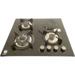 IQRA 60cm Built-in Hob; 3 Gas Burners + 1 Hotplate, Pulse-Ignition, Glass Top, Cast Iron Pan Supports, IQ-KH4002EG