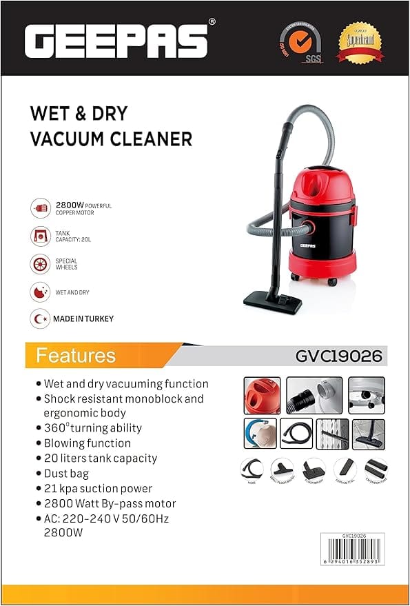 Geepas 2800w Dry & Wet Vacuum Cleaner for Daily Use 18L Dust Bag Capacity and Powerful Motor Wet & Dry Vacuum Cleaner 21Kpa Suction Power,Multi Color, Gvc19026 - Image 2