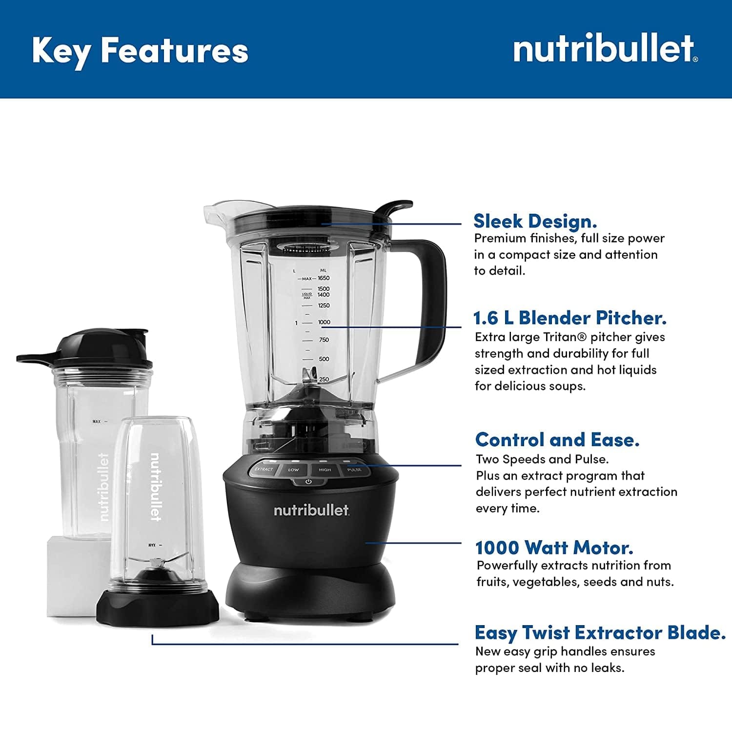 Nutribullet 1000w Combo Blender – Powerful Mixer, Grinder & Smoothie Maker with 1.6L Extra Large Pitcher and 2 Unbreakable Jars - Image 4