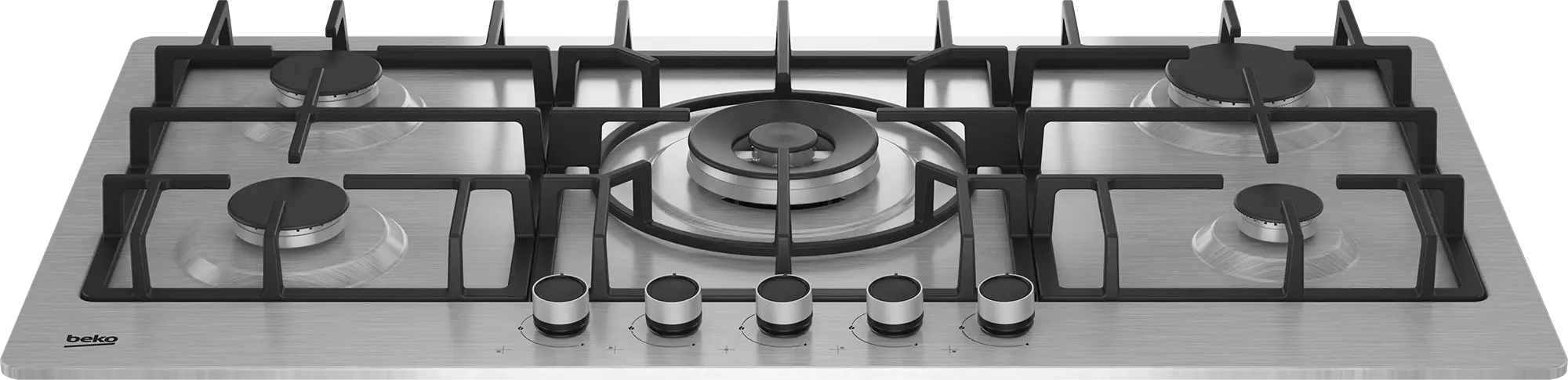 Beko 90cm Gas Hob, HIMW 95225; 4 Gas + 1 Wok Burner, Stainless Steel, Front Knob Control, Cast Iron Pan Support - Image 2