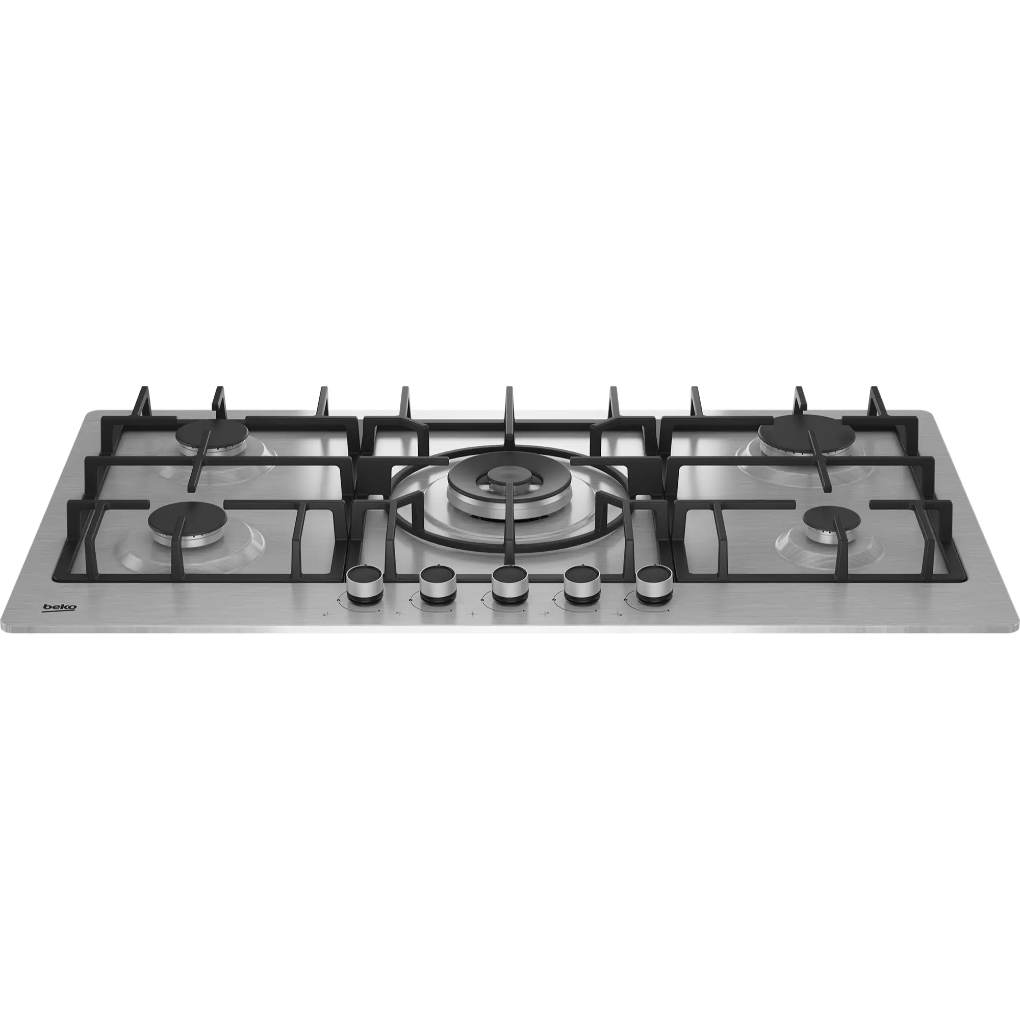 Beko 90cm Gas Hob, HIMW 95225; 4 Gas + 1 Wok Burner, Stainless Steel, Front Knob Control, Cast Iron Pan Support