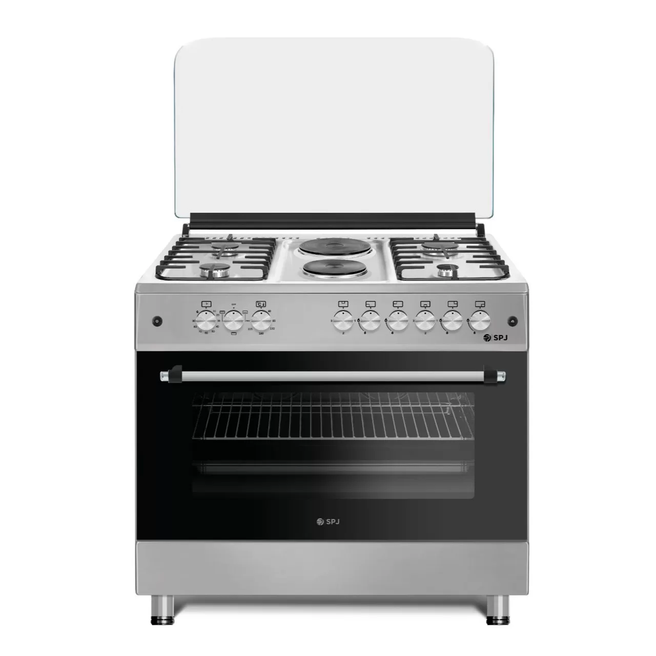 SPJ 90*60cm 4 Gas Burners + 2 Electric Plates Freestanding Cooker with Electric Oven, Grill, Rotisserie