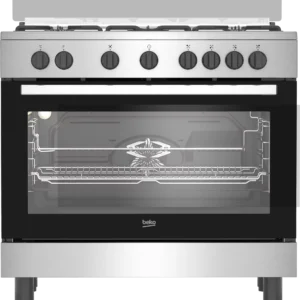 Beko BGM 12125 EX 90cm Freestanding Dual-Fuel Cooker – 4 Gas Burners, 1 Wok Burner, Electric Oven, Fan Oven, Stainless Steel