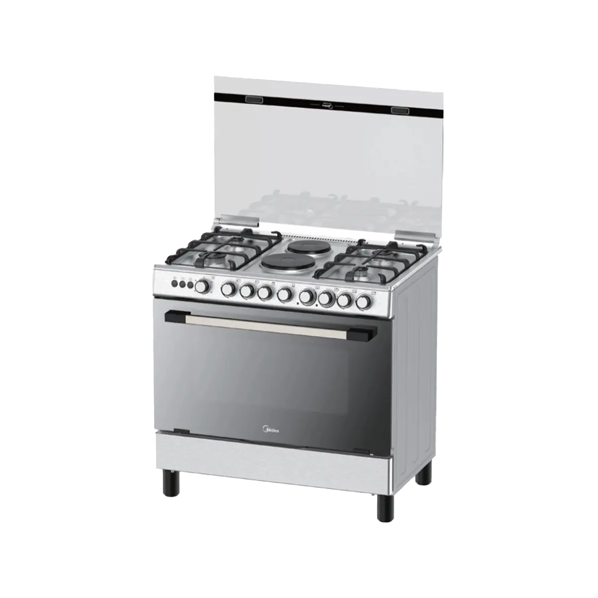 Midea 90×60 cm Kitchen Cooker – Gas & Electric, 4 Burners + 2 Plates, Oven with Grill & Rotisserie