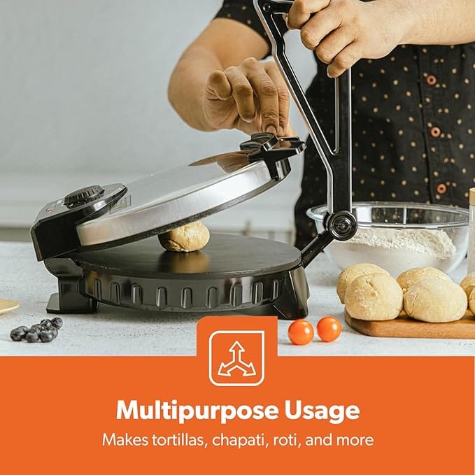 Geepas-Chapathi Maker, Mexican Style Tortilla Press, GCM6125 | Ideal for Making Homemade Tortillas Tacos Flatbreads Chapati Roti | Non-Stick Coating, Adjustable Thermostat - Image 4