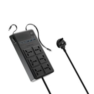 Powerology 6 AC Power Strip 2500W with Retractable Cables – Black