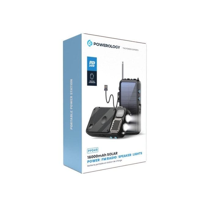 Powerology 16000mAh Solar Power Bank with FM Radio, Bluetooth Speaker & Emergency Light – Black - Image 2