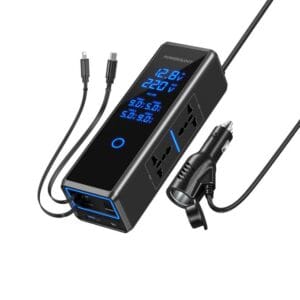 Powerology 300W Car Power Inverter DC 12V to 220V AC with Dual AC Sockets, PD USB-C Fast Charging & Retractable Cables – Black