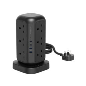 Powerology 35W Socket Tower with 15W Wireless Charger – 12 UK Sockets, 1700J Surge Protection, 3M Cable (Black)