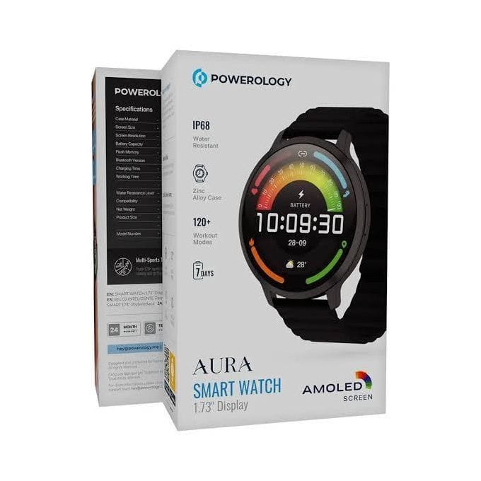 Powerology Aura Smart Watch – 1.73” AMOLED Display, 120+ Workout Modes, IP68 Water Resistant – Black