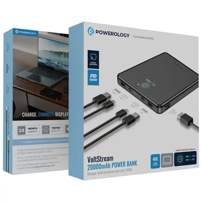 Powerology VoltStream 20000mAh Power Bank – 100W PD, Dual USB-C, HDMI 4K Output, Smart Display – Black - Image 2