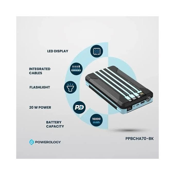 Powerology 16000mAh Solar Multi-Cable Power Bank PD 20W with Built-In Cables & LED Display – Black - Image 2