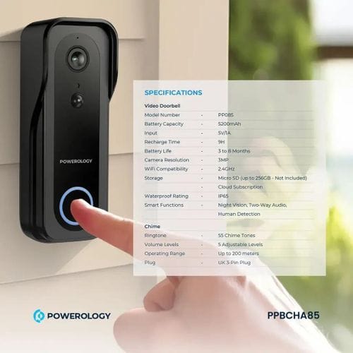 Powerology Smart Doorbell Camera – 3MP HD, IP65 Weatherproof, Night Vision & Two-Way Audio – Black - Image 2