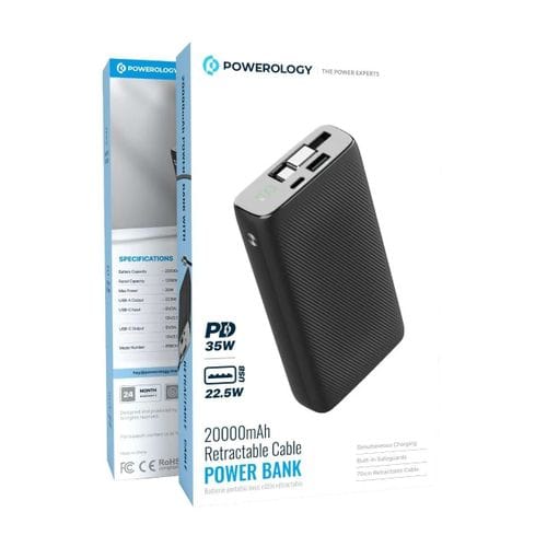 Powerology 20000mAh Power Bank with 70cm Retractable Cable, PD 35W Fast Charging, USB-C Input/Output – Black - Image 7