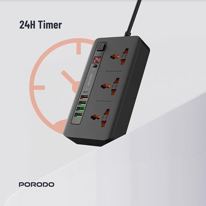 Porodo Multi-Port Power HUB Extension Socket, 4 USB-A/USB-C Ultimate Home & Office Kit 2M Strip (Black) - Image 8
