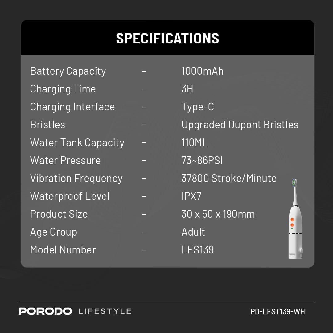 Porodo Lifestyle Electric Toothbrush with Water Flosser, IPX7 Waterproof, 100ml Water Capacity, 2ร Replacement Brushes, 25 Day Battery Life, Sonic Oral Irrigator, Ideal for Home & Travel - Black - Image 2