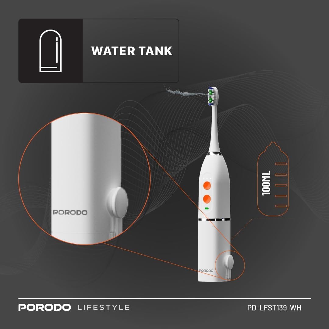 Porodo Lifestyle Electric Toothbrush with Water Flosser, IPX7 Waterproof, 100ml Water Capacity, 2ร Replacement Brushes, 25 Day Battery Life, Sonic Oral Irrigator, Ideal for Home & Travel - Black - Image 4