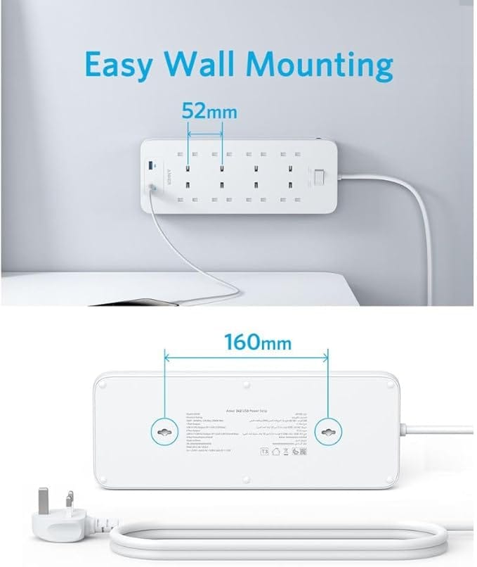 Anker 342 Power Strip with 8 AC Outlets & 2 USB Ports (12W Extension), PowerIQ Technology, Surge Protection, Fire-Resistant Casing, 1.8m Cable, Wall Mountable, for Home and Office - Image 4