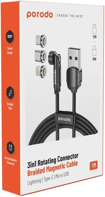 Porodo (PD-31MGC-BK) 3IN1 TPE CABLE WITH ROTATABLE HEAD FOR MICRO + LIGHTNING + TYPE-C - BLACK - Image 3