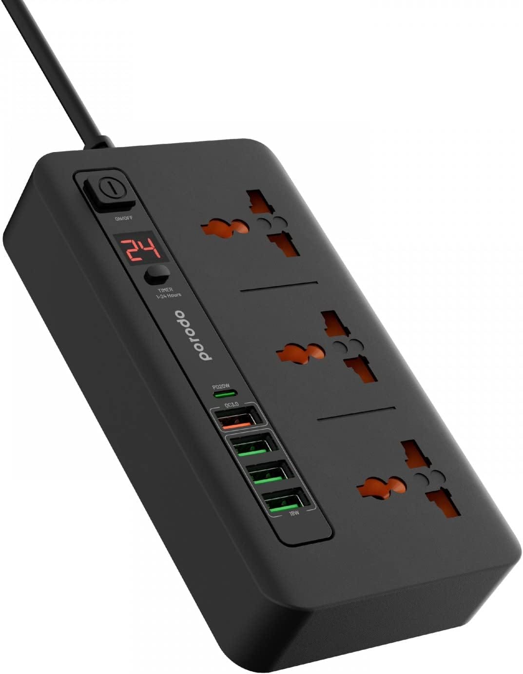 Porodo Multi-Port Power HUB Extension Socket, 4 USB-A/USB-C Ultimate Home & Office Kit 2M Strip (Black) - Image 3