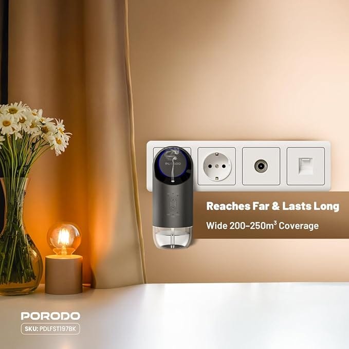 Porodo Wall Plug In Essential Oil Diffuser Machine, Waterless Scent Diffuser with 120ml Oil Capacity, Nebulizing Essential, Adjustable Mist Timer, 200-250m³ Wide Coverage, Electric Aroma Diffuser - Image 5