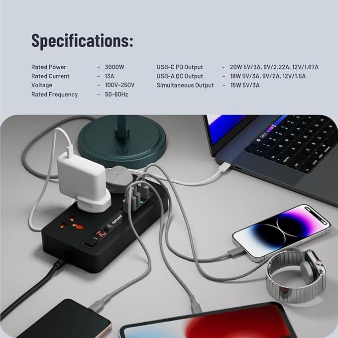 Porodo Multi-Port Power HUB Extension Socket, 4 USB-A/USB-C Ultimate Home & Office Kit 2M Strip (Black) - Image 9