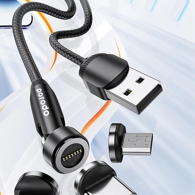 Porodo (PD-31MGC-BK) 3IN1 TPE CABLE WITH ROTATABLE HEAD FOR MICRO + LIGHTNING + TYPE-C - BLACK - Image 4