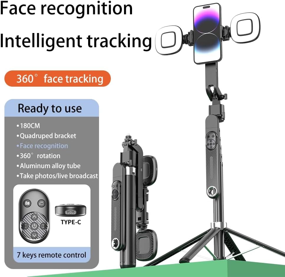 Porodo Integrated Panoramic Tracking Selfie Stick with dual detachable lights & 4 Leg Tripod Stable Quad-Base Aluminum Alloy 360 AI Smart Tracking Intelligent Face Recognition Travel Friendly-Black - Image 3