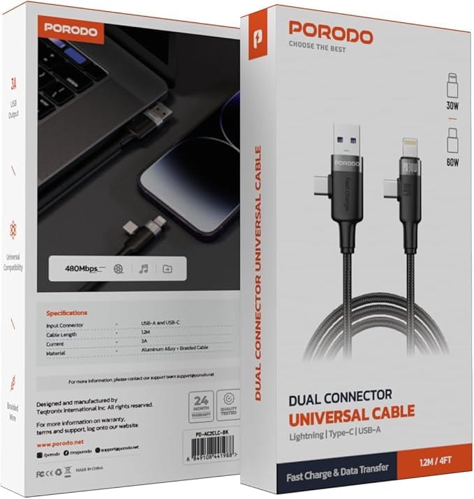 Porodo Dual Connector Universal Cable 60W Lightning & USB-C & USB-A 1.2M, Fast Charge & Data Transfer, USB-A Output, Braided, Compatible with iPhone 16/15/14/13, S25/S24/S23, Laptop, Tablet, Black - Image 2