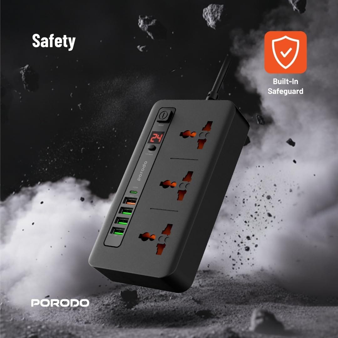 Porodo Multi-Port Power HUB Extension Socket, 4 USB-A/USB-C Ultimate Home & Office Kit 2M Strip (Black) - Image 5
