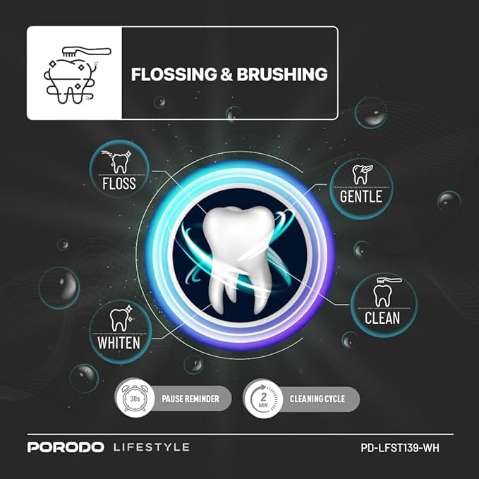 Porodo Lifestyle Electric Toothbrush with Water Flosser, IPX7 Waterproof, 100ml Water Capacity, 2ร Replacement Brushes, 25 Day Battery Life, Sonic Oral Irrigator, Ideal for Home & Travel - Black - Image 8