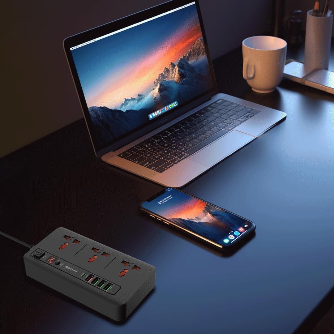 Porodo Multi-Port Power HUB Extension Socket, 4 USB-A/USB-C Ultimate Home & Office Kit 2M Strip (Black) - Image 4