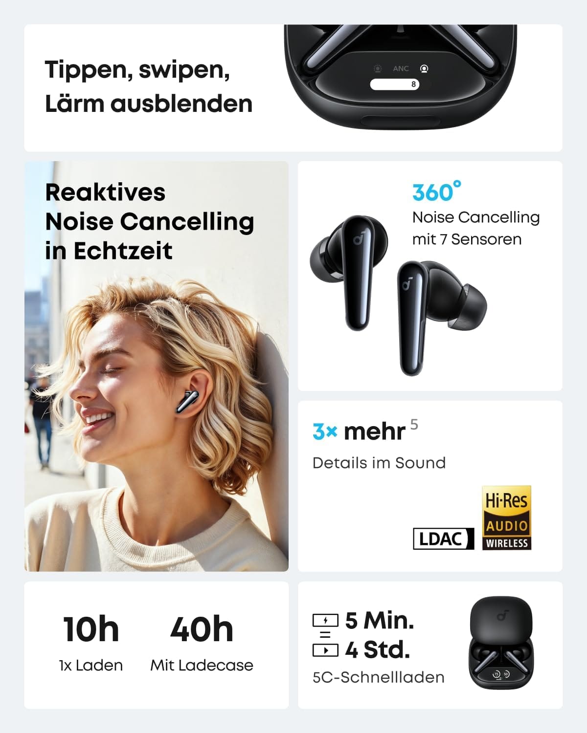 Soundcore Liberty 4 Pro by Anker,Noise Cancelling Wireless Earbuds,7-Sensor and Real-Time Adaptive Noise Cancelling, 2×Faster Charging,Studio-Level Hi-Fi Music,Clear Calls with 6 Mics and AI. - Image 3