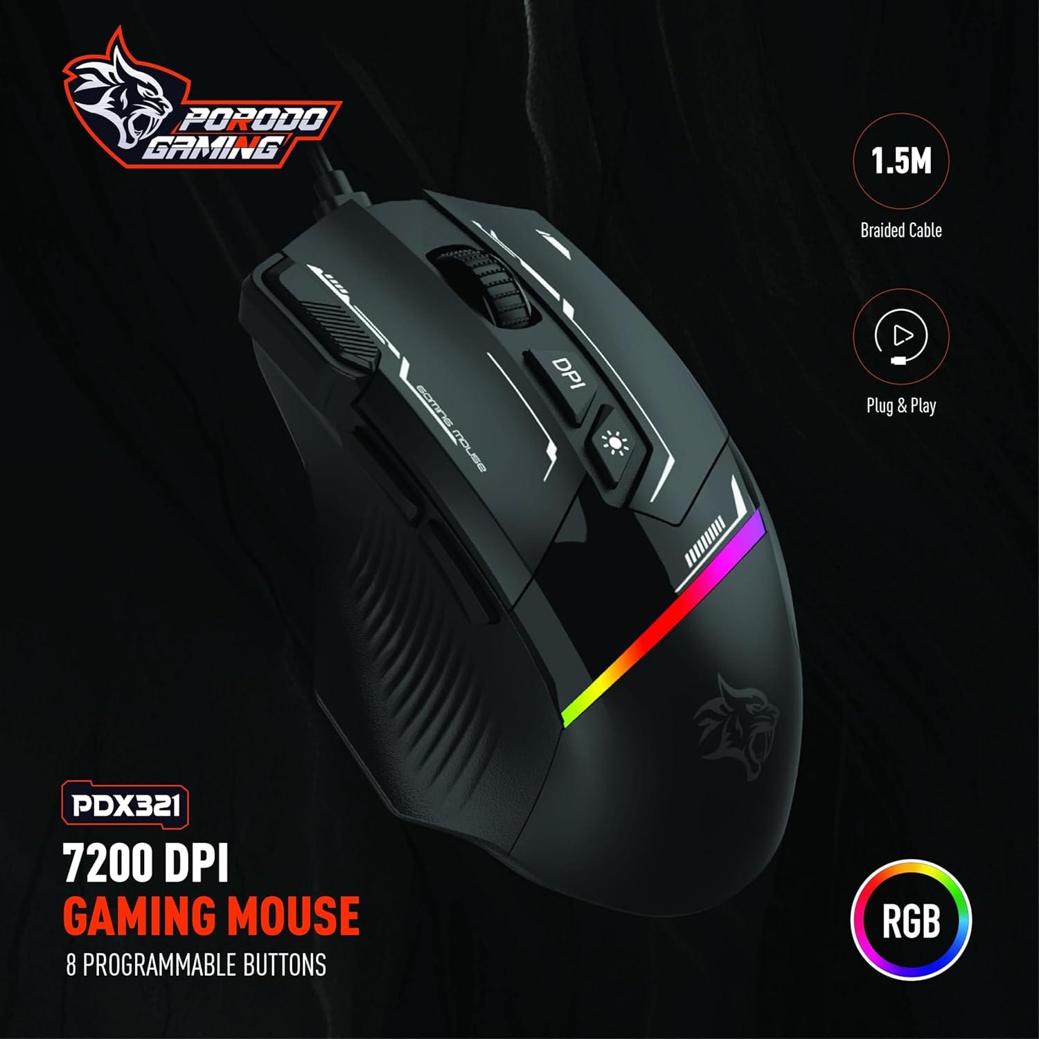 Porodo Gaming 8D RGB Wired Mouse DPI 7200 - Black - Image 4