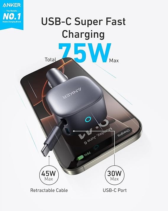 Anker Retractable USB-C Car Charger, 75W Max Fast Charging with Built-in Retractable Cable Car Adapter, Car Accessories for iPhone 17/16 Series, Galaxy S25/S24, MacBookPro/Air, iPad, and More - Image 2