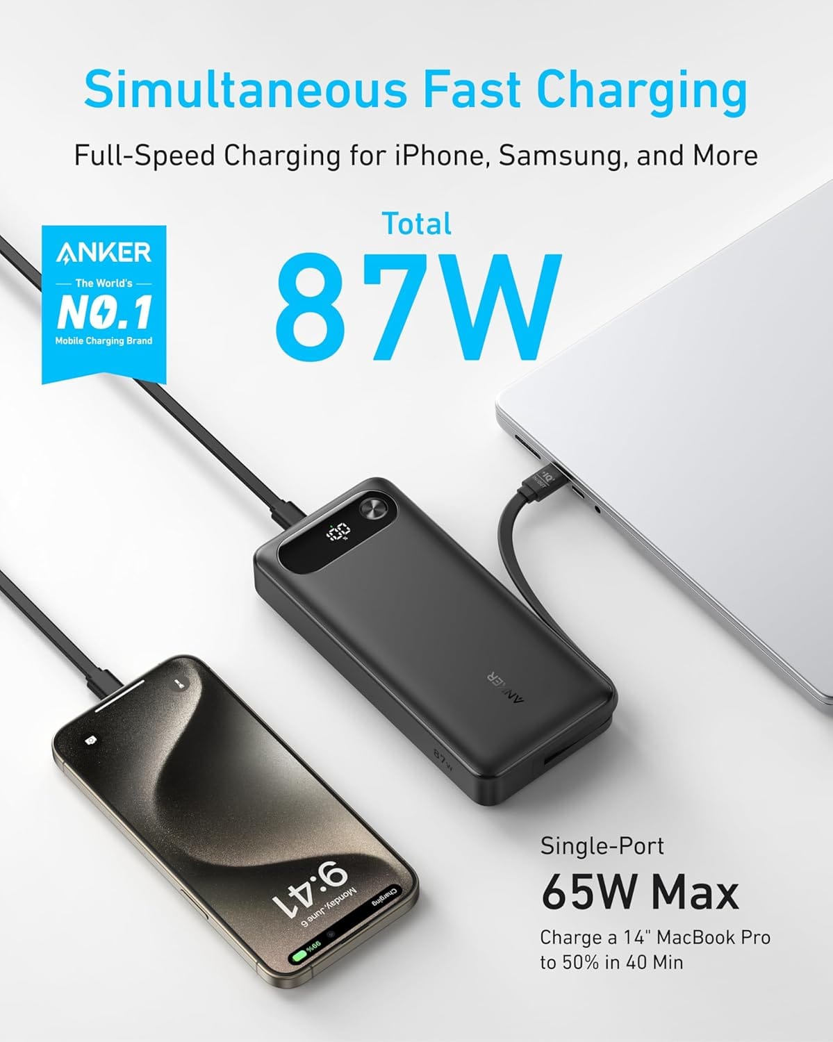 Anker Power Bank, 20,000mAh Travel Essential Portable Charger with Built-in USB-C Cable, 3-Port 87W Max Fast Charging Battery Pack, for MacBook, iPhone 16/15 Series, Samsung, Switch, and More - Image 2