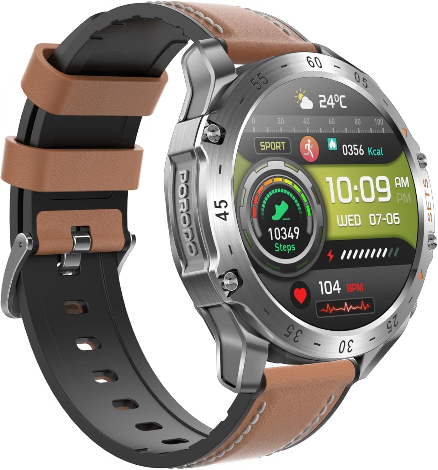 Porodo Hype Smart Watch Black dial with Earbuds and Black Leather Band Sleep Monitor Heart Rate Pedometer IP67 Water Resistant Smartwatch With Earbuds Leather Band Included (Silver) - Image 2
