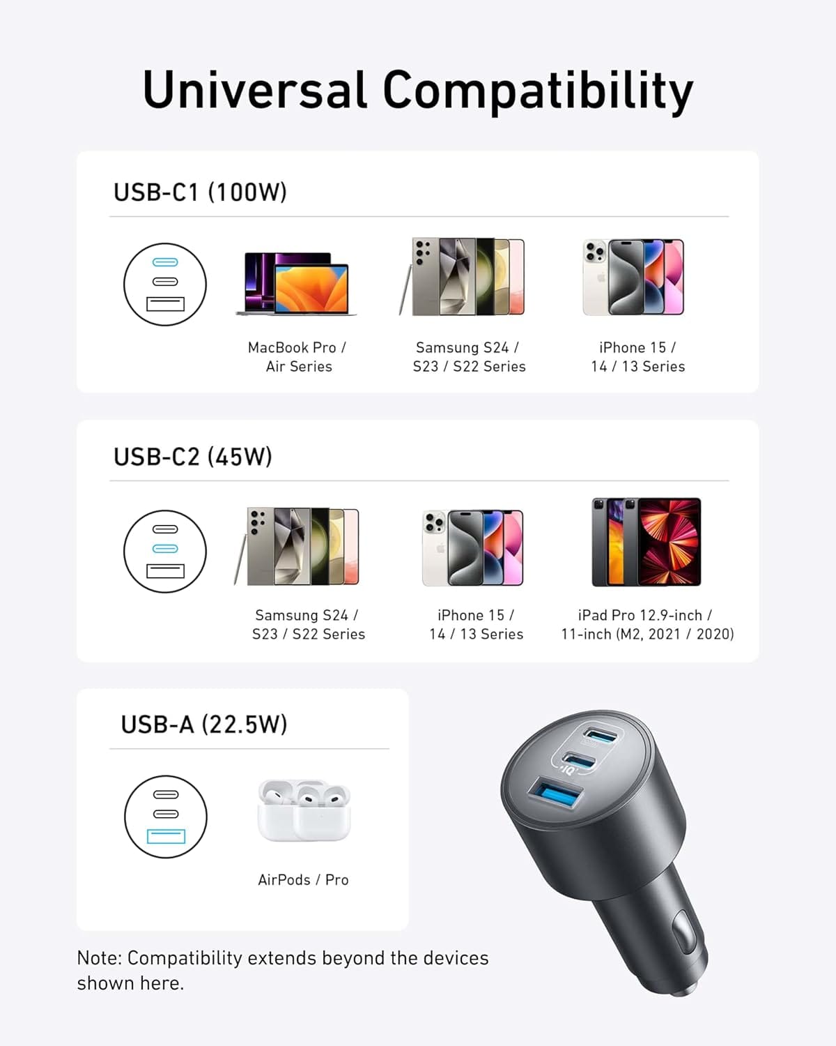Anker iPhone 17 USB-C Car Charger, 167.5W Max 3-Port Ultra-Compact Type-C Fast Car Charger for MacBook Pro/Air, iPhone 17/16/15 Series, Samsung S24/S23, iPad Pro, AirPods and More - Image 2