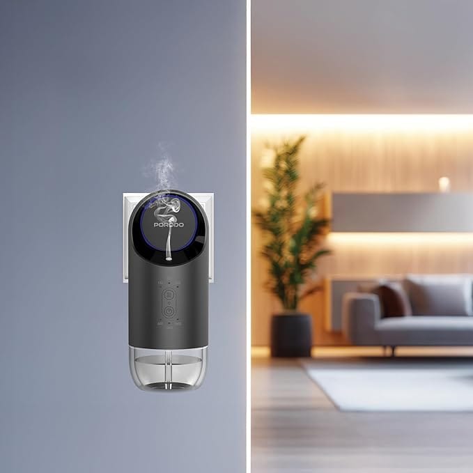Porodo Wall Plug In Essential Oil Diffuser Machine, Waterless Scent Diffuser with 120ml Oil Capacity, Nebulizing Essential, Adjustable Mist Timer, 200-250m³ Wide Coverage, Electric Aroma Diffuser - Image 2