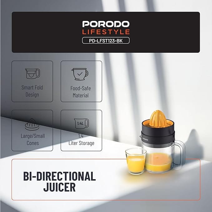 Porodo Lifestyle BI-Directional Juicer 30W, 1.4L Juice Cup Capacity, Smart Fold Design, Food Safe Material, Large/Small Cones, Two Way Rotation, Uk 3-Pin Plug - Black - Image 7
