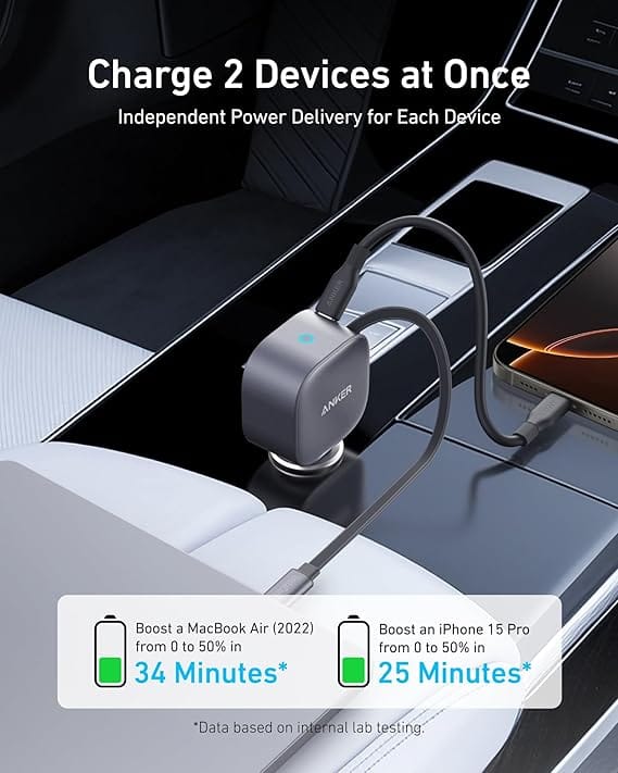 Anker Retractable USB-C Car Charger, 75W Max Fast Charging with Built-in Retractable Cable Car Adapter, Car Accessories for iPhone 17/16 Series, Galaxy S25/S24, MacBookPro/Air, iPad, and More - Image 3