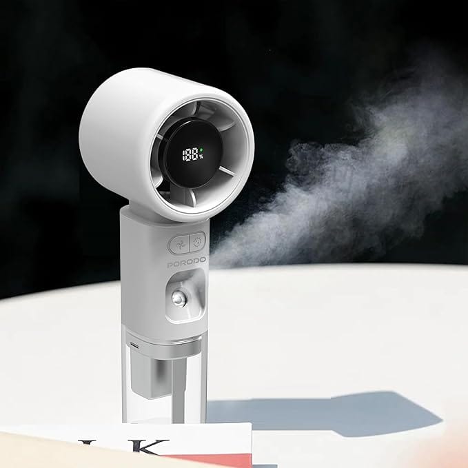 Porodo Lifestyle Cool & Hydrate Mini Fan & Humidifier, Handheld Misting Fan with 100-Level Speed Control, USB-C Rechargeable Personal Fan with LED Display for Desk, Office, and Travel - Image 5