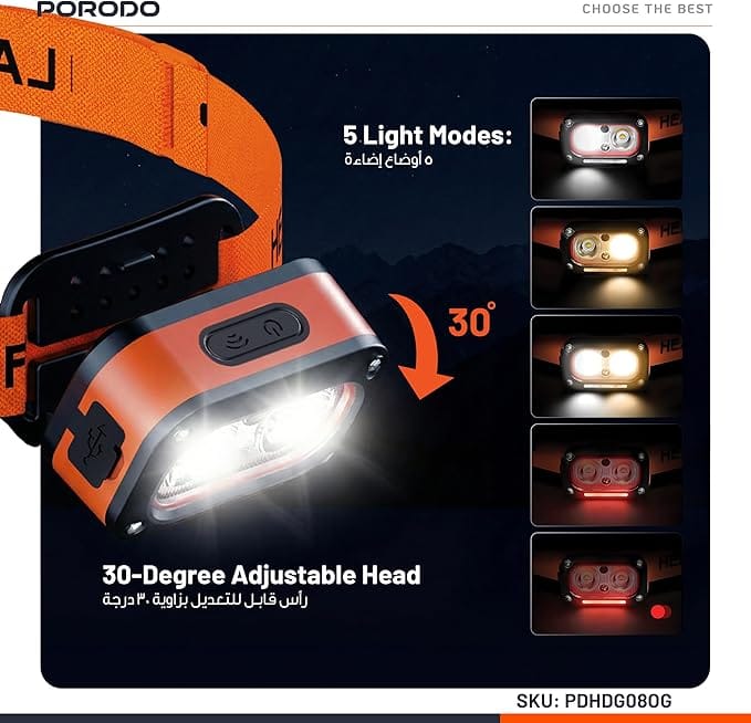 Porodo Wave-Sensor Rechargeable LED Head Lamp, 5×Lighting Modes, 150 Lumens, 6H Working Time, Hand Wave Control, Elastic Headband, Lightweight Head Flashlight for Cycling/Camping/Emergency – Orange - Image 7