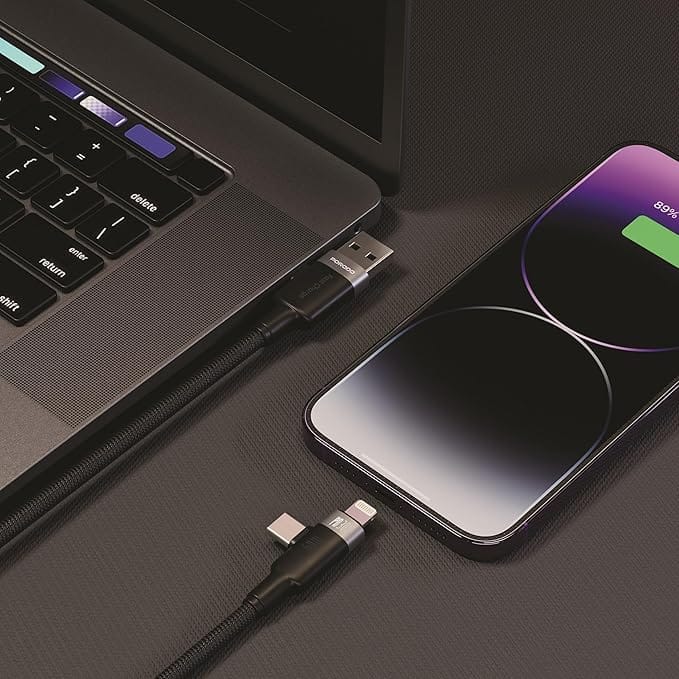 Porodo Dual Connector Universal Cable 60W Lightning & USB-C & USB-A 1.2M, Fast Charge & Data Transfer, USB-A Output, Braided, Compatible with iPhone 16/15/14/13, S25/S24/S23, Laptop, Tablet, Black - Image 3