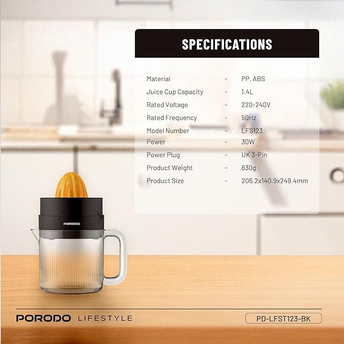 Porodo Lifestyle BI-Directional Juicer 30W, 1.4L Juice Cup Capacity, Smart Fold Design, Food Safe Material, Large/Small Cones, Two Way Rotation, Uk 3-Pin Plug - Black - Image 8
