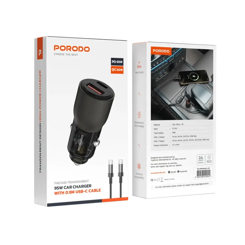 Porodo 95W Car Charger Transparent with 0.9M USB-C Cable - Image 3