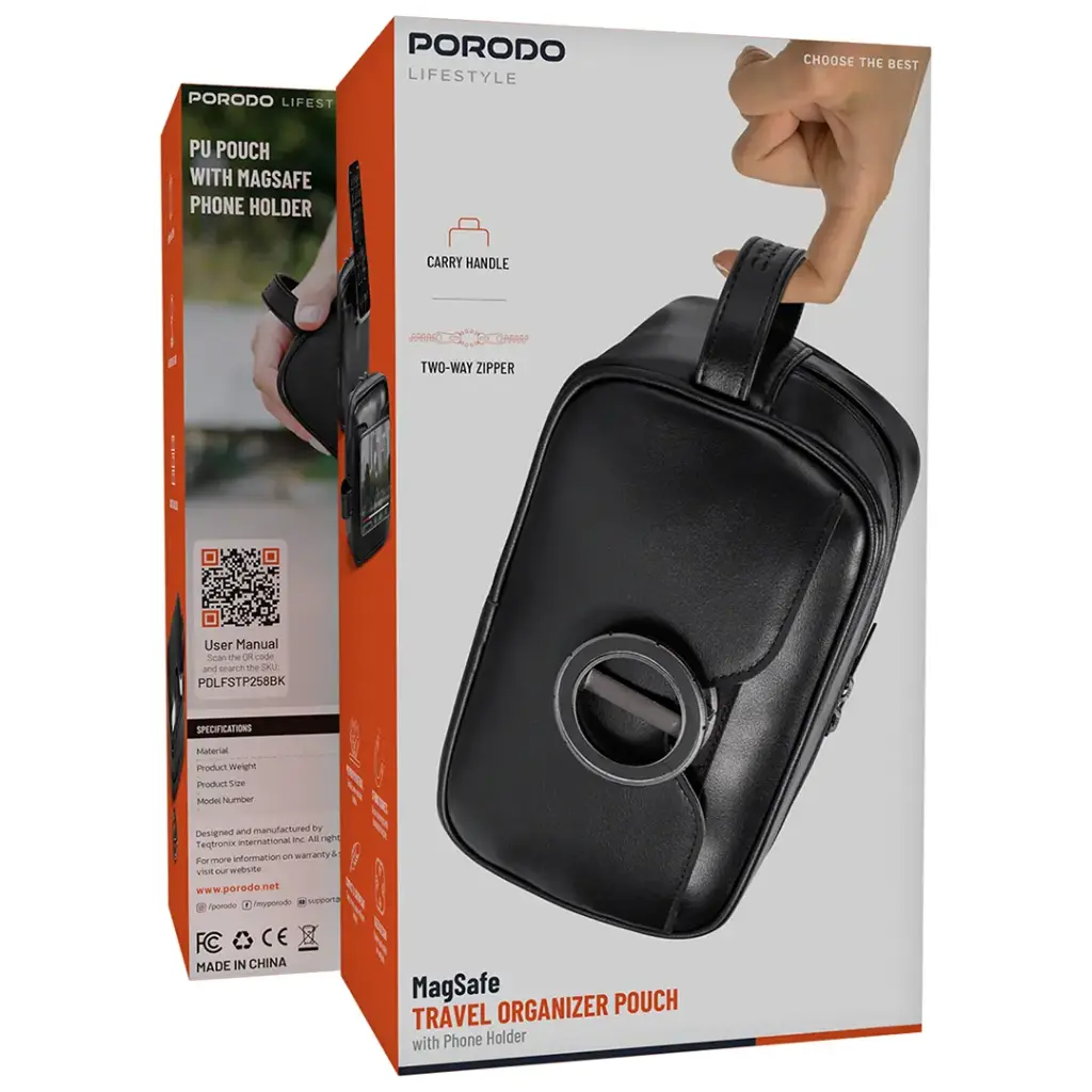 Porodo Lifestyle MagSafe Travel Organizer Pouch with Phone Holder - Black - Image 3