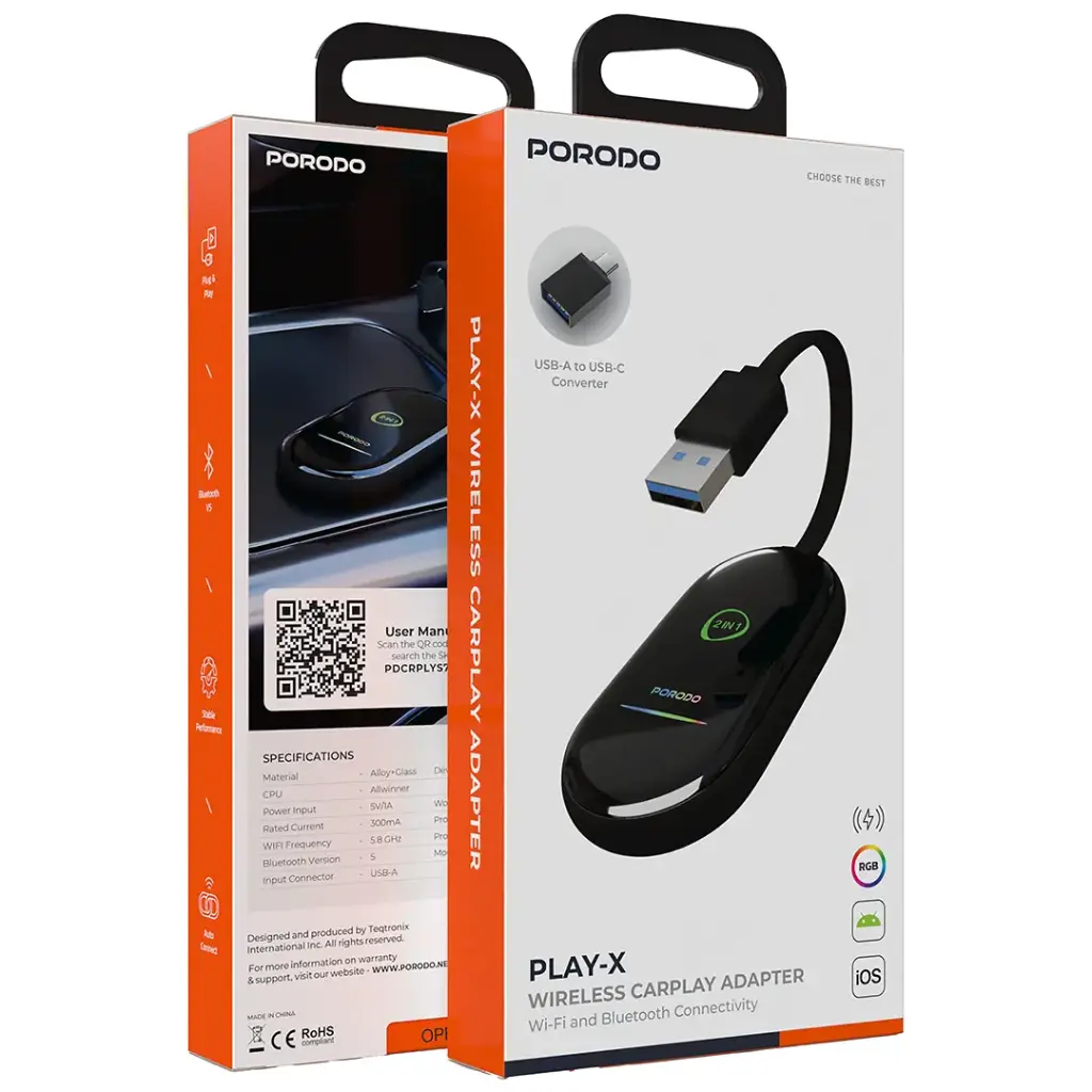 Porodo Play-X Wireless Carplay Adapter with Wi-Fi and Bluetooth Connectivity - Black - Image 3
