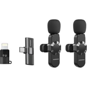 Porodo Audix Lavalier Dual Microphone Type-C & Lightning Head Connector, 3H Working Time, Precise Reverb, Instant Wireless Setup, Auto Paring Technology, Clear Crystal Audio - Black