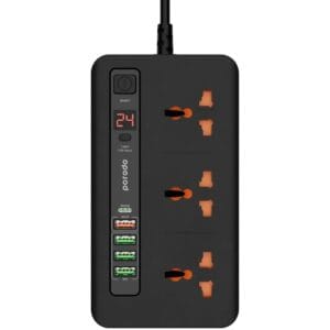 Porodo Multi-Port Power HUB Extension Socket, 4 USB-A/USB-C Ultimate Home & Office Kit 2M Strip (Black)